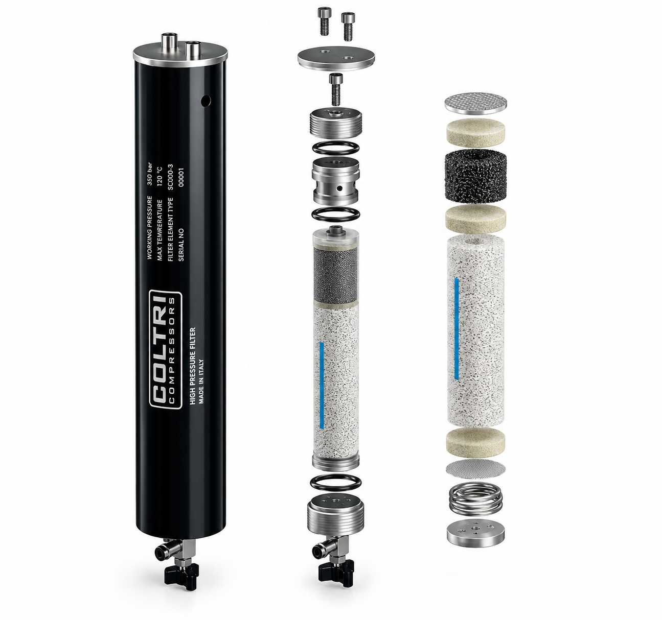 Sistema de filtración Coltri - componentes internos y elementos filtrantes